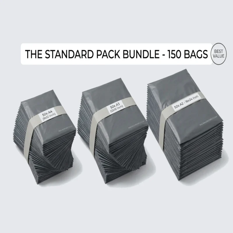 Standard Mixed Grey Mailing Bags - 150 Bag Variety Pack (A4, A3, A2)