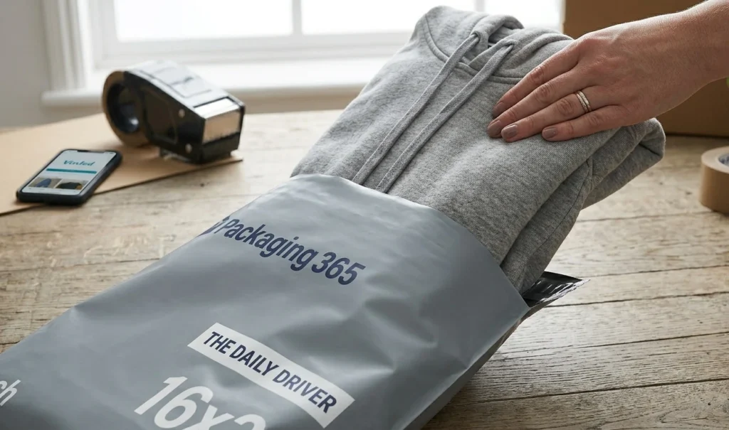 Packing a hoodie into Vinted shipping bags 12x16